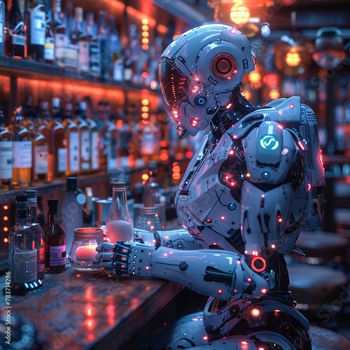Cybernetic bartender, crafting futuristic cocktails, neon lit bar, social hub