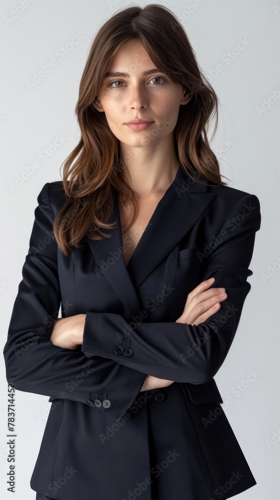 Professional Confident middle-aged businesswoman female in black suit with arms crossed standing isolated on white background Professional Confident middle-aged businesswoman female in black suit with arms crossed standing isolated on white background