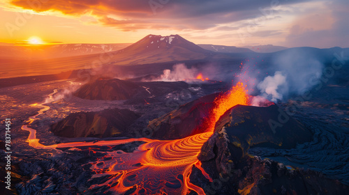 Aerial view of an active volcano erupting with flowing lava and smoke against a dramatic landscape. Aerial shot looking directly down on a river of lava. Lava Flows on active volcano aerial view. 