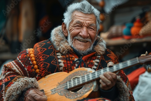 Elderly Man With Beard Playing Guitar