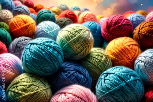 fluffy multi-colored balls of wool for knitting photo