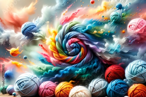 fluffy multi-colored balls of wool for knitting photo