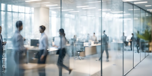  Blurred office with people working behind glass wall 