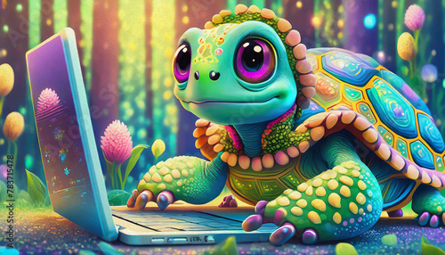 OIL PAINTING STYLE CARTOON CHARACTER multicolored Close up of baby turtle cartoon character hacker