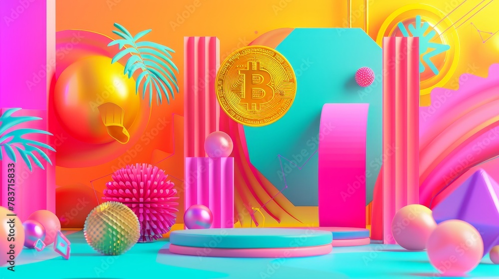 A colorful 3d render of floating objects in a cryptocurrency-themed setting   AI generated illustration