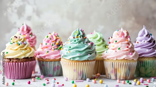 A collection of pastel-colored cupcakes with sprinkles on top AI generated illustration