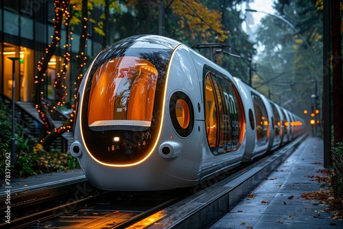 Futuristic urban transport pods, seamless city navigation, clean and efficient photo