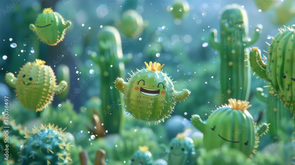 A group of floating cacti with smiling faces AI generated illustration A group of floating cacti with smiling faces AI generated illustration