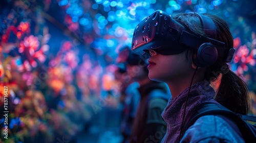 Virtual reality arcade, players immersed in fantastical worlds, blending game and reality  photo