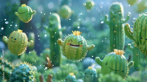 A group of floating cacti with smiling faces AI generated illustration