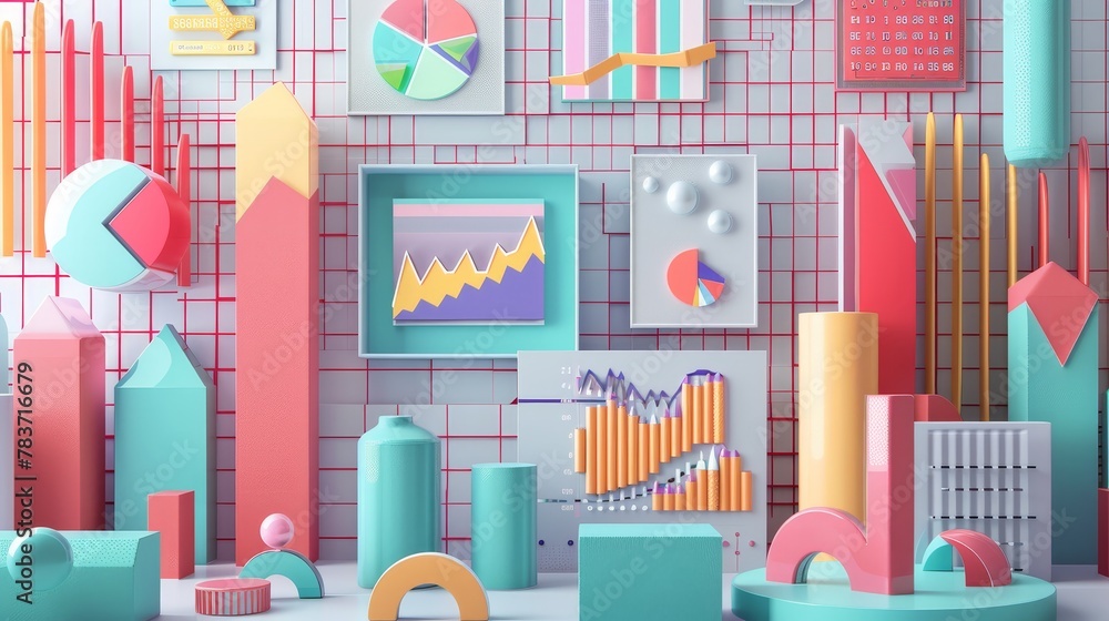 A Memphis-style artwork with floating D-rendered financial charts and graphs AI generated illustration A Memphis-style artwork with floating D-rendered financial charts and graphs AI generated illustration