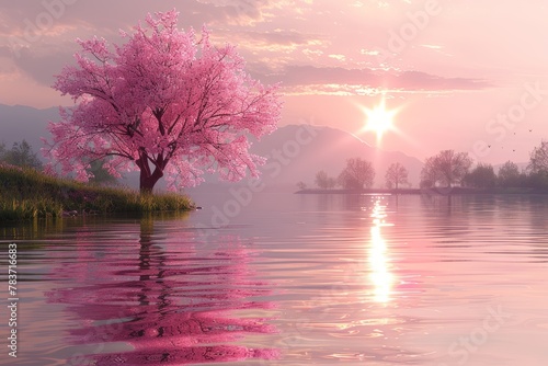 Pink Tree Standing in Middle of Lake