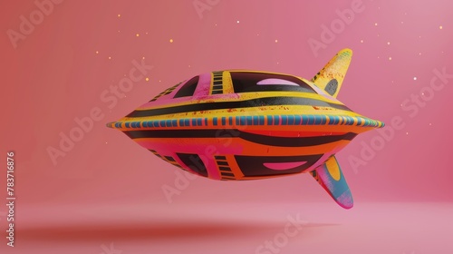 A quirky isolated flying object with a Memphis style pattern AI generated illustration