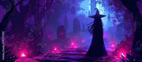 Woman wearing a witch hat standing amidst a dark forest illuminated by pink lights, creating a mystical and magical atmosphere with Victorian era vampire or witch masquerade influence.