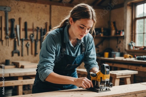 Young female carpenter drilling timber in workshop