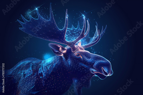 Intricate wireframe depiction of a moose on a dark blue background, showcasing a complex web of geometric lines that create a stunning, minimalist design ideal for modern and artistic digital projects photo