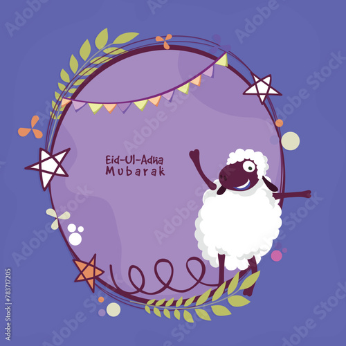 Sheep for Eid-Al-Adha Mubarak. Cute Sheep with creative frame, Vector greeting card for Muslim Community, Festival of Sacrifice.