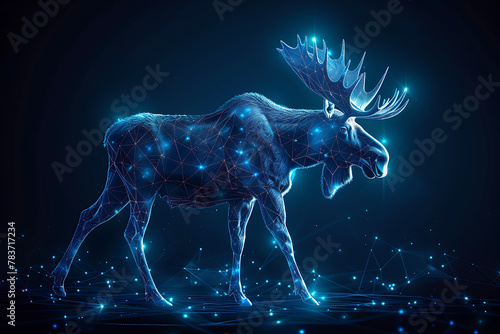 Intricate wireframe depiction of a moose on a dark blue background  showcasing a complex web of geometric lines that create a stunning  minimalist design ideal for modern and artistic digital projects