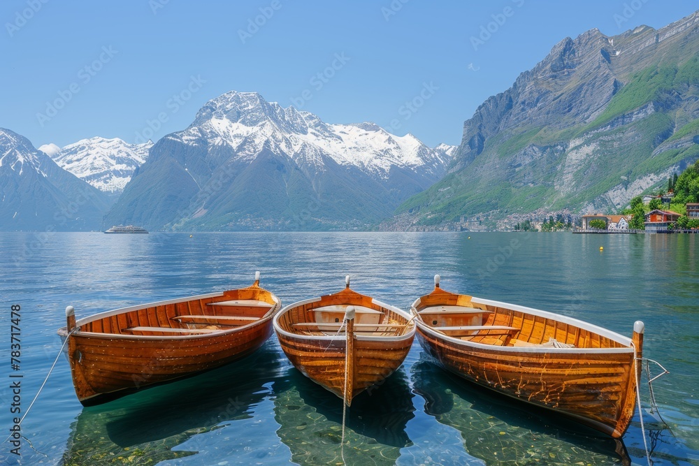 Two Wooden Boats on Lake With Mountains