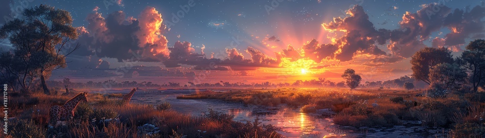 A cybernetic savannah at dawn, with robotic lions and digital giraffes roaming under a holographic sky A cybernetic savannah at dawn, with robotic lions and digital giraffes roaming under a holographic sky