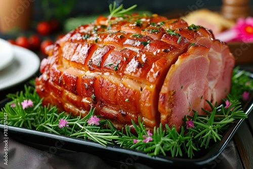 Aromatic Baked glazed ham dish. Delicious sliced homemade cooked ham with honey ingredient. Generate ai photo