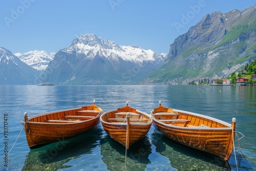 Two Wooden Boats on Lake With Mountains