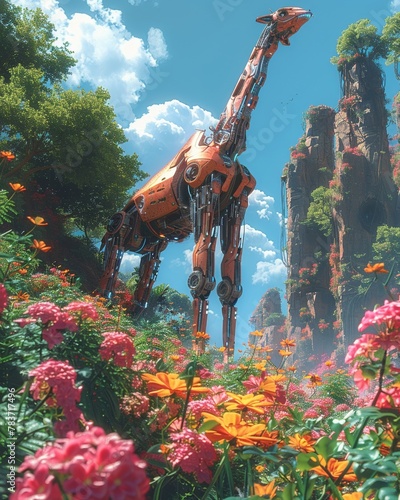 A cybernetic savannah, where robotic wildlife coexists with natural flora, under a holographic sky photo