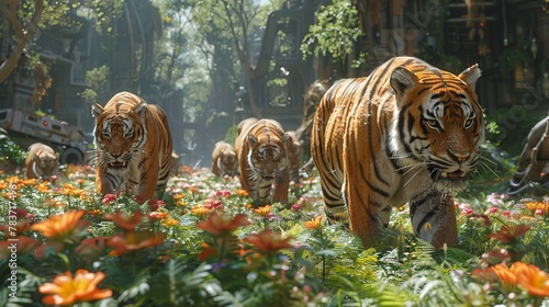 Pack of tiger  A wildlife reserve  where endangered species are cloned and live in simulated natural habitats