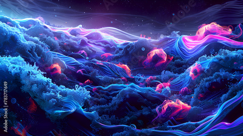  abstract digital particles , Futuristic wave with depth of field and bokeh ,Particles form line and surface grid ,Science fiction background ,Abstract Visualization of Mountainous Terrain with Neon  photo