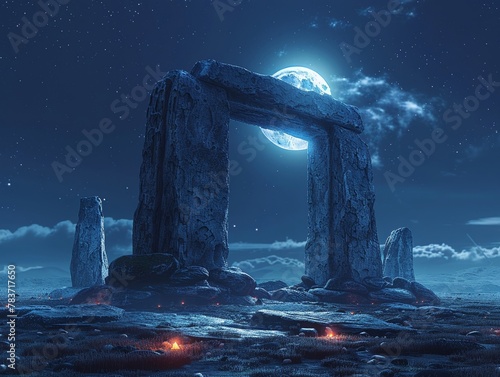 An ancient druid circle activating a portal to other worlds on the solstice, under the glow of a supermoon  photo