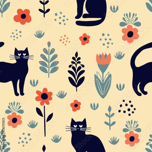 Seamless pattern vector image in flat cartoon style, cat and flowers on beige background