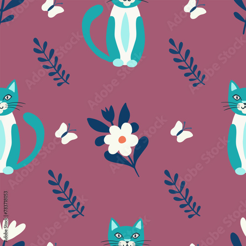 Seamless pattern vector image in flat cartoon style, cat and flowers on color background