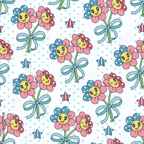 Seamless pattern of flowers with smiling faces and tie a blue bow. This illustration has an American Independence Day theme. Pattern for fabric and wrapping paper, design wallpaper and fashion prints.