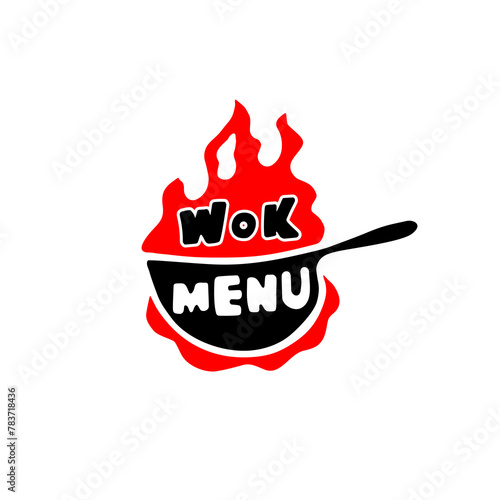 illustration of a wok pan, a fire, the theme of Asian food