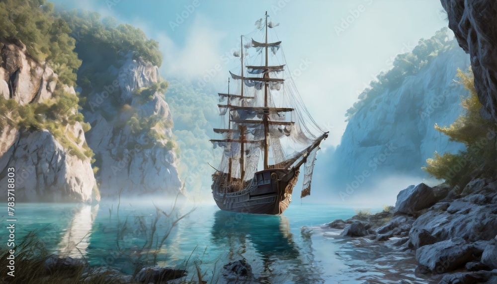 Obraz premium A ghostly pirate ship anchored in a secret cove, ethereal and foreboding.