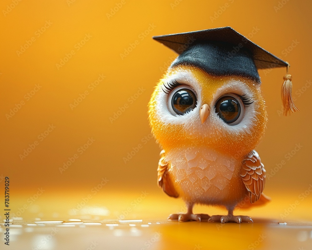 Cute 3D cartoon owl in graduation cap, vibrant colors, soft bright background, ideal for celebratory wallpaper