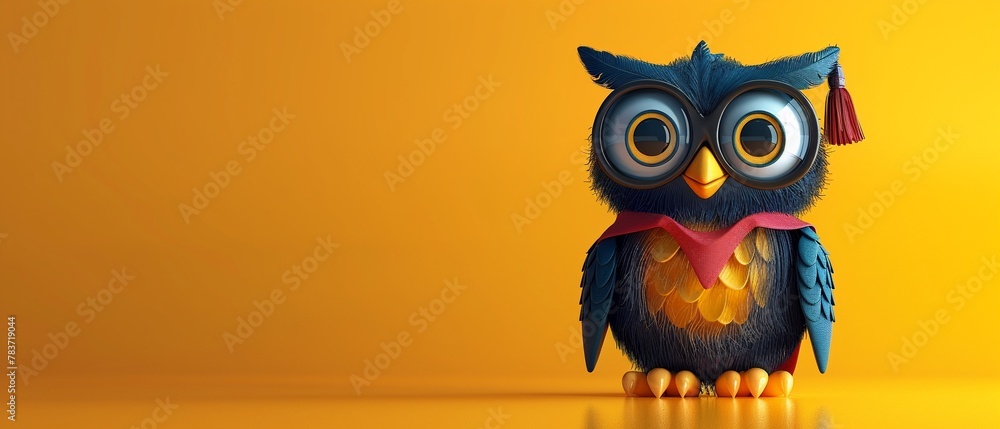 Charming 3D cartoon owl, wearing a graduation gown, vivid colors, soft and bright backdrop