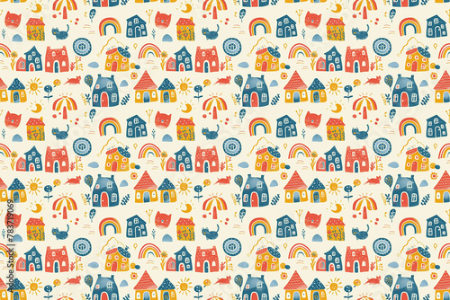 Charming seamless pattern of colorful houses and nature elements. Elements: house, kitten, kitten's muzzle, flowers, rainbow, sun.