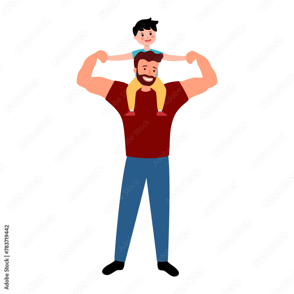Dad holds son on his shoulders. Happy Father's day greeting card. Cartoon character