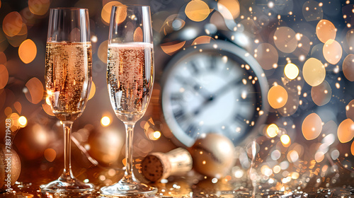 Glittering Champagne Glasses and New Year's Eve Countdown, Generative AI