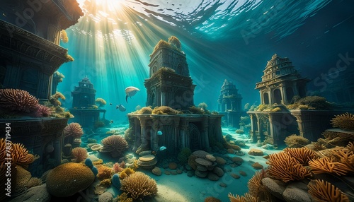 A vivid underwater world with towering coral structures, mysterious ruins of an ancient  photo