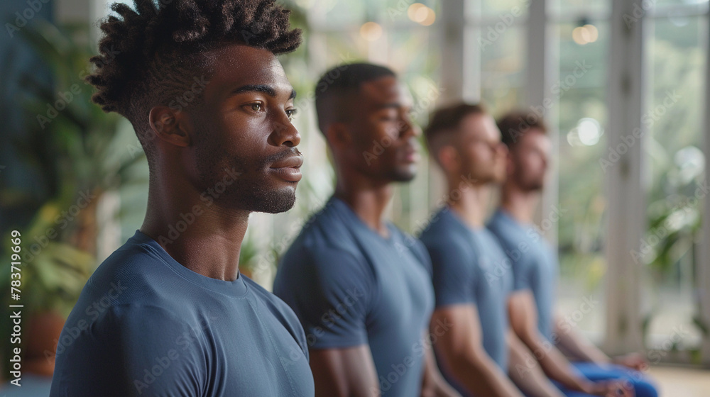 This image captures four african-american men wearing athletic blue t-shirts, engaging in a yoga session in a warmly lit, plant-filled studio. They are focused and aligned in their poses.