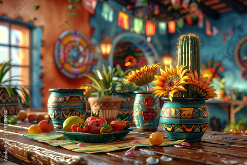 Cinco de Mayo, Mexican culture, traditional costumes, mariachi, illustration, 3d render