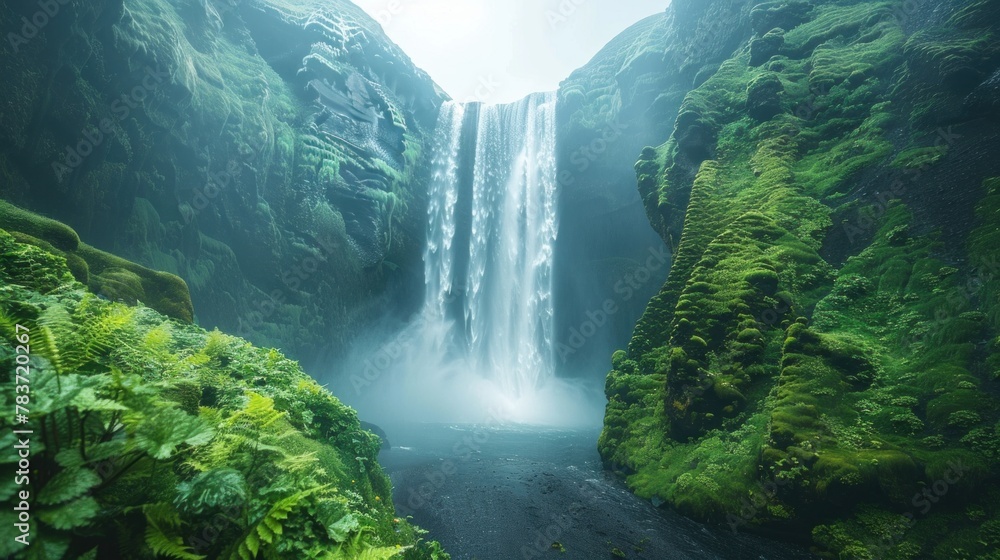 An enchanting view of Icelandic waterfalls framed by lush greenery