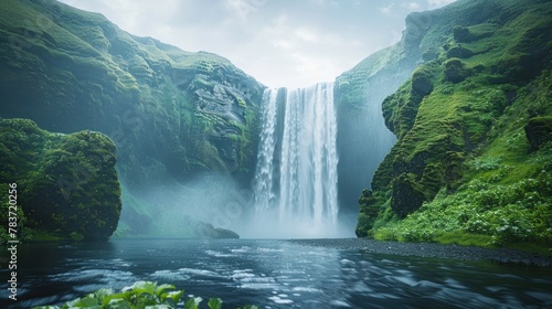 An enchanting view of Icelandic waterfalls framed by lush greenery