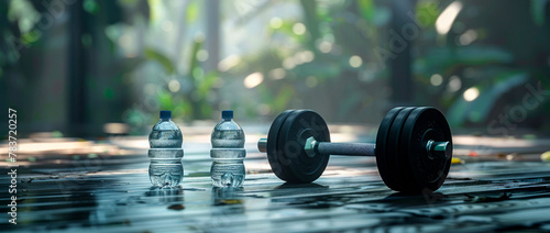 Morning Fitness Routine With Dumbbells and Water Bottles Outdoors photo