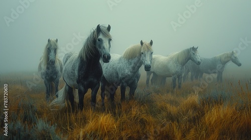 A mesmerizing shot of Icelandic horses grazing in a field, highlighting their majestic beauty with perfect skin tones and vibrant black, gray, and white hues. photo