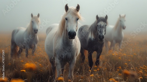 A mesmerizing shot of Icelandic horses grazing in a field, highlighting their majestic beauty with perfect skin tones and vibrant black, gray, and white hues.