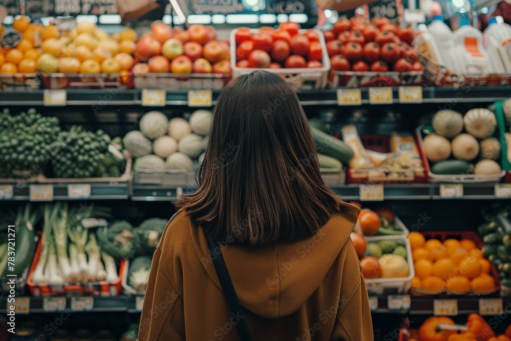 A young adult woman with her back turned in a casual brown jacket, thoughtfully looking  at an array of colorful fruits and vegetables in a  food store or supermarket. AI Generation