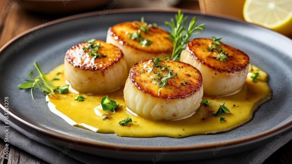  Deliciously grilled scallops with a creamy sauce garnished with fresh herbs